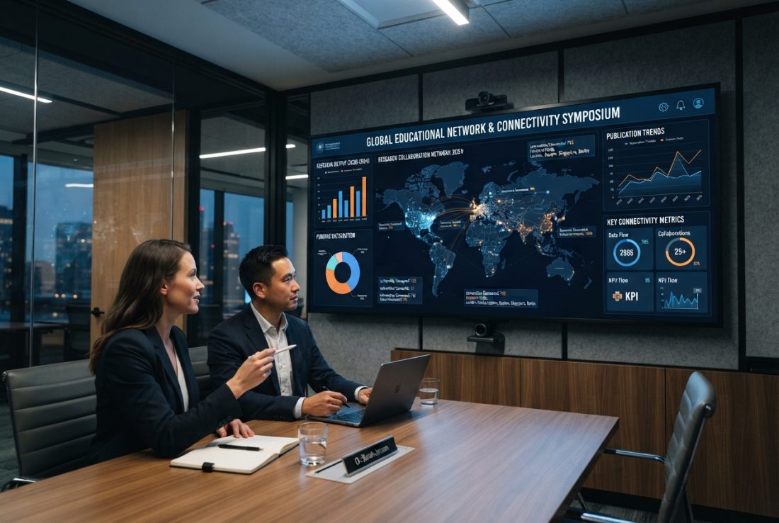 Two delegates reviewing conference research on a large display